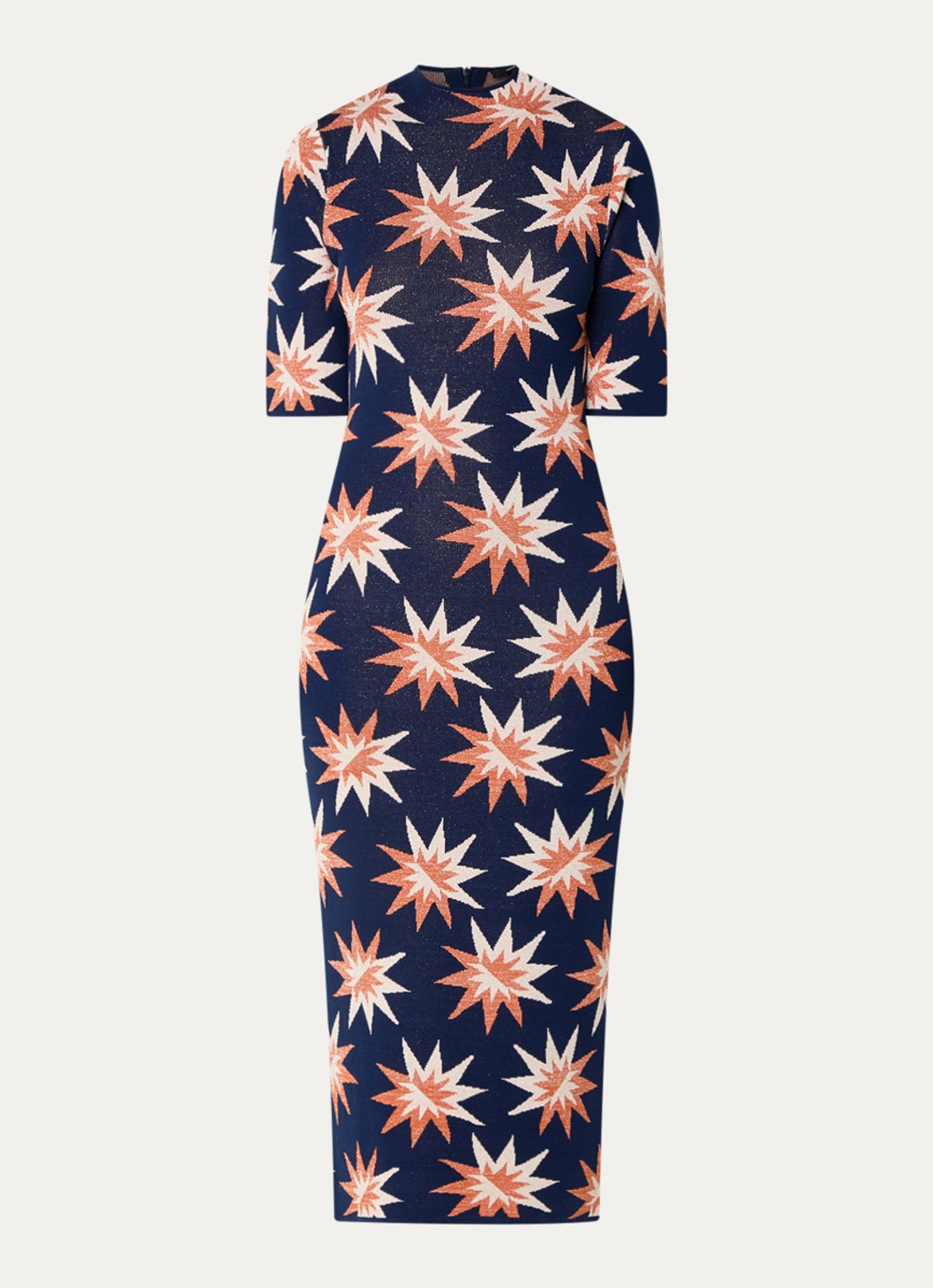 French Connection Fijngebreide maxi jurk met grafische print en lurex - voorkant 3 donkerblauw