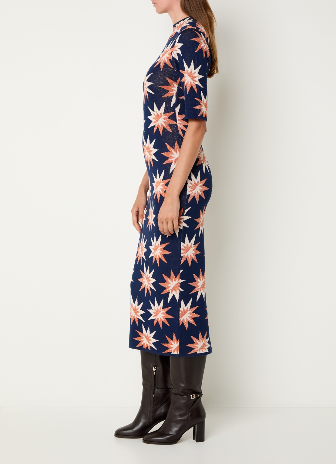 French Connection Fijngebreide maxi jurk met grafische print en lurex - voorkant 4 donkerblauw