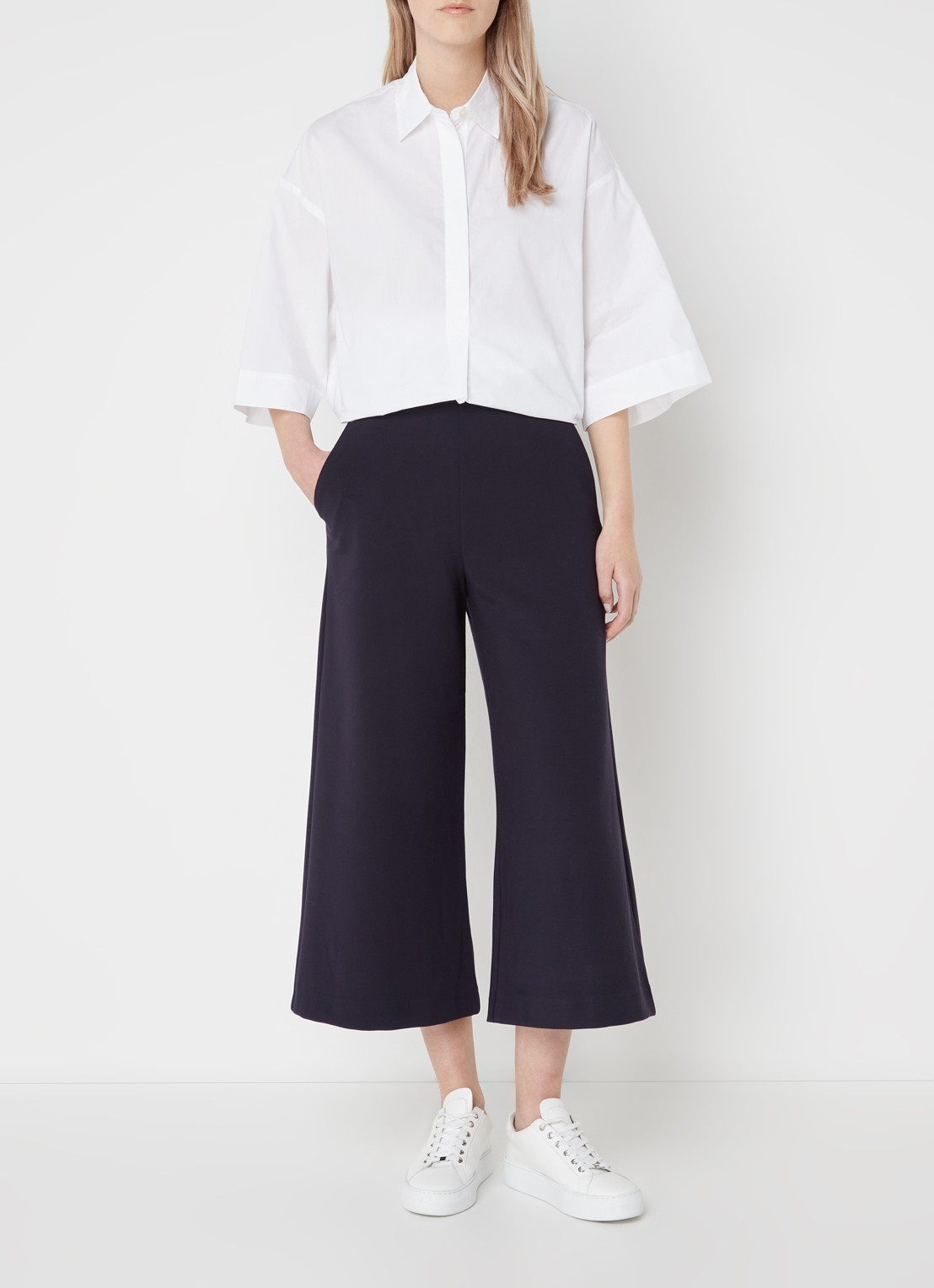 French Connection High waist wide fit culotte met strikceintuur - voorkant 4 donkerblauw