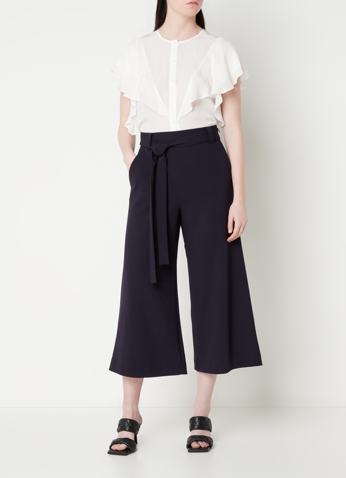French Connection High waist wide fit culotte met strikceintuur - voorkant 4 donkerblauw