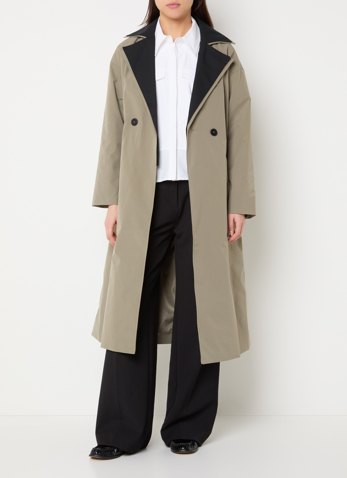 French Connection Kaci trenchcoat met strikceintuur - voorkant 3 olijfgroen