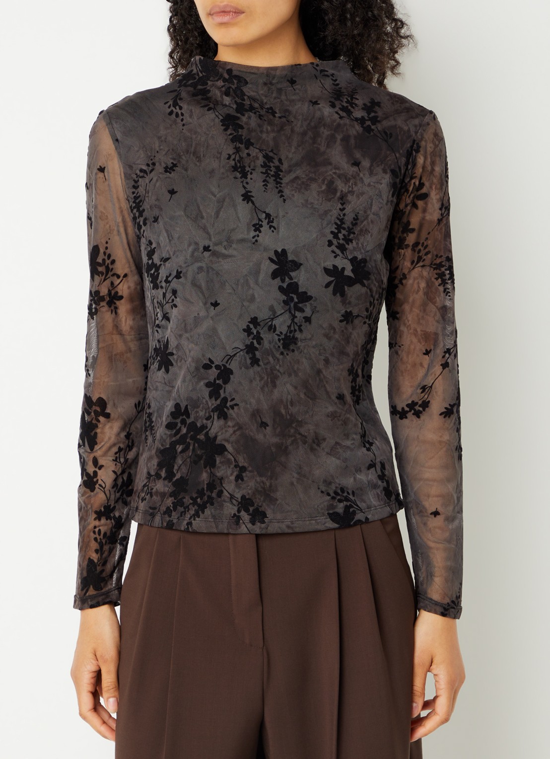 French Connection Kenny semi-transparante top van mesh - detail zwart