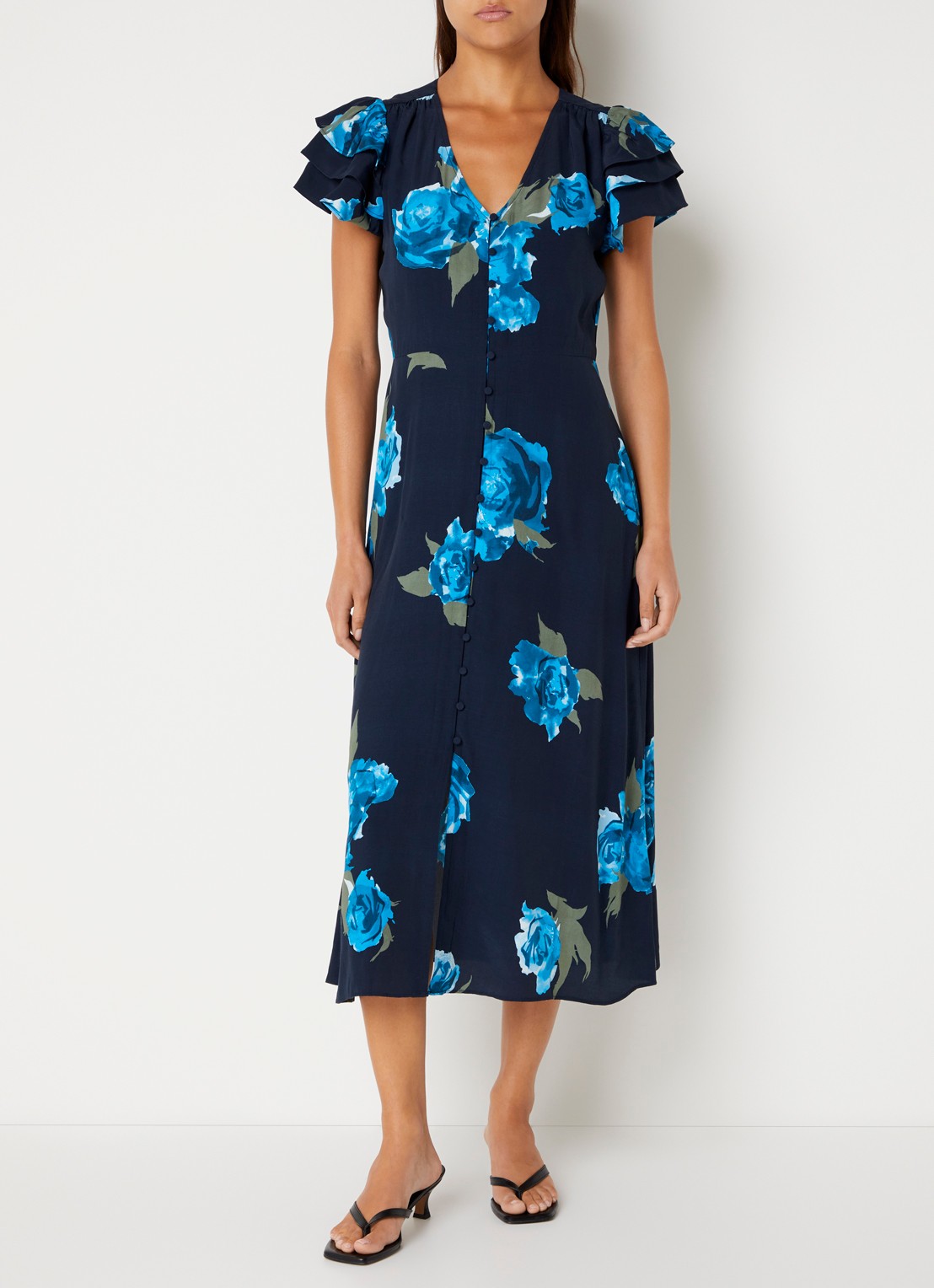 French Connection Lara Delphine midi blousejurk met bloemenprint - detail donkerblauw