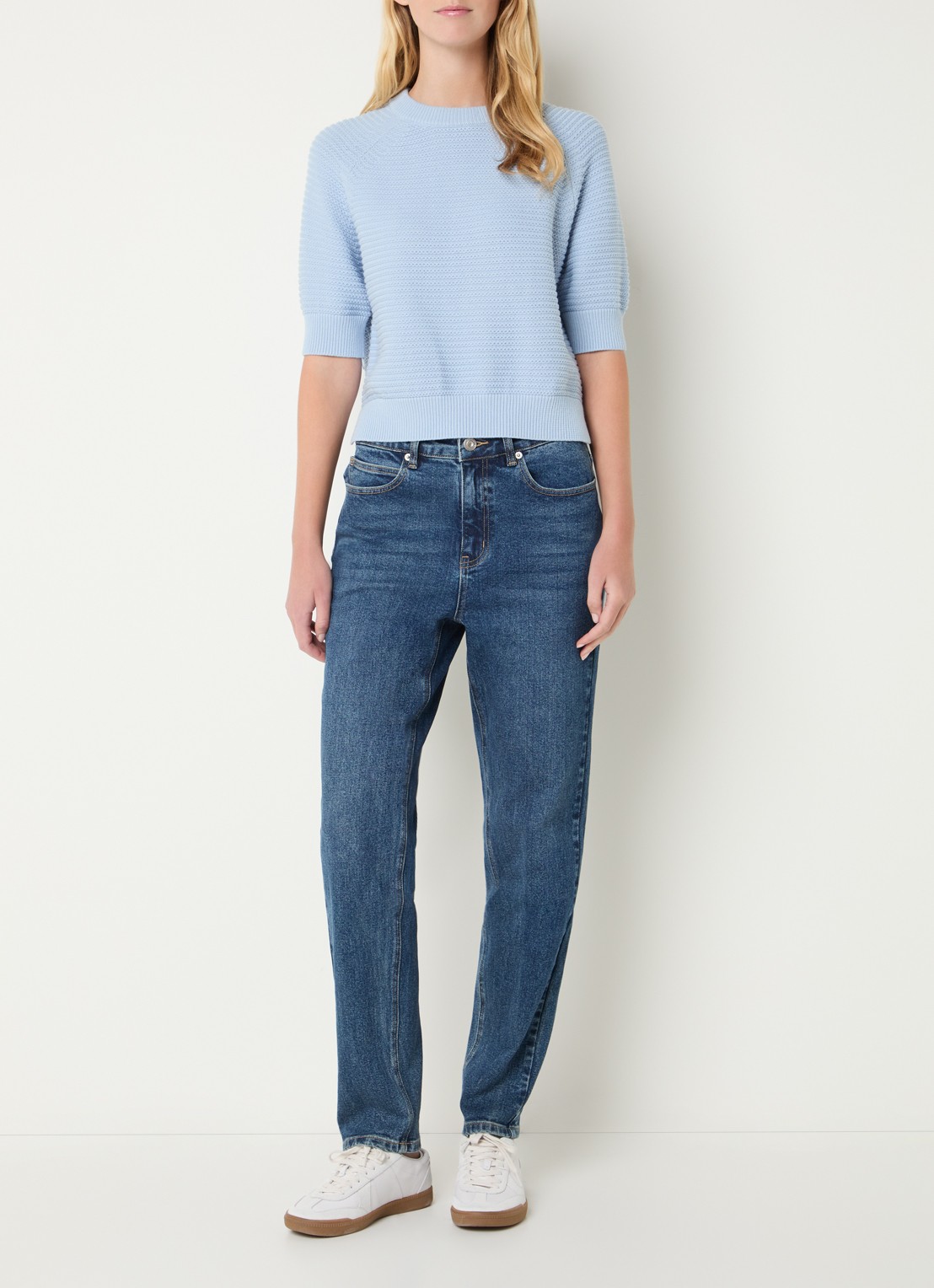 French Connection Lilly Mozart grofgebreide top met structuur - voorkant 3 lichtblauw