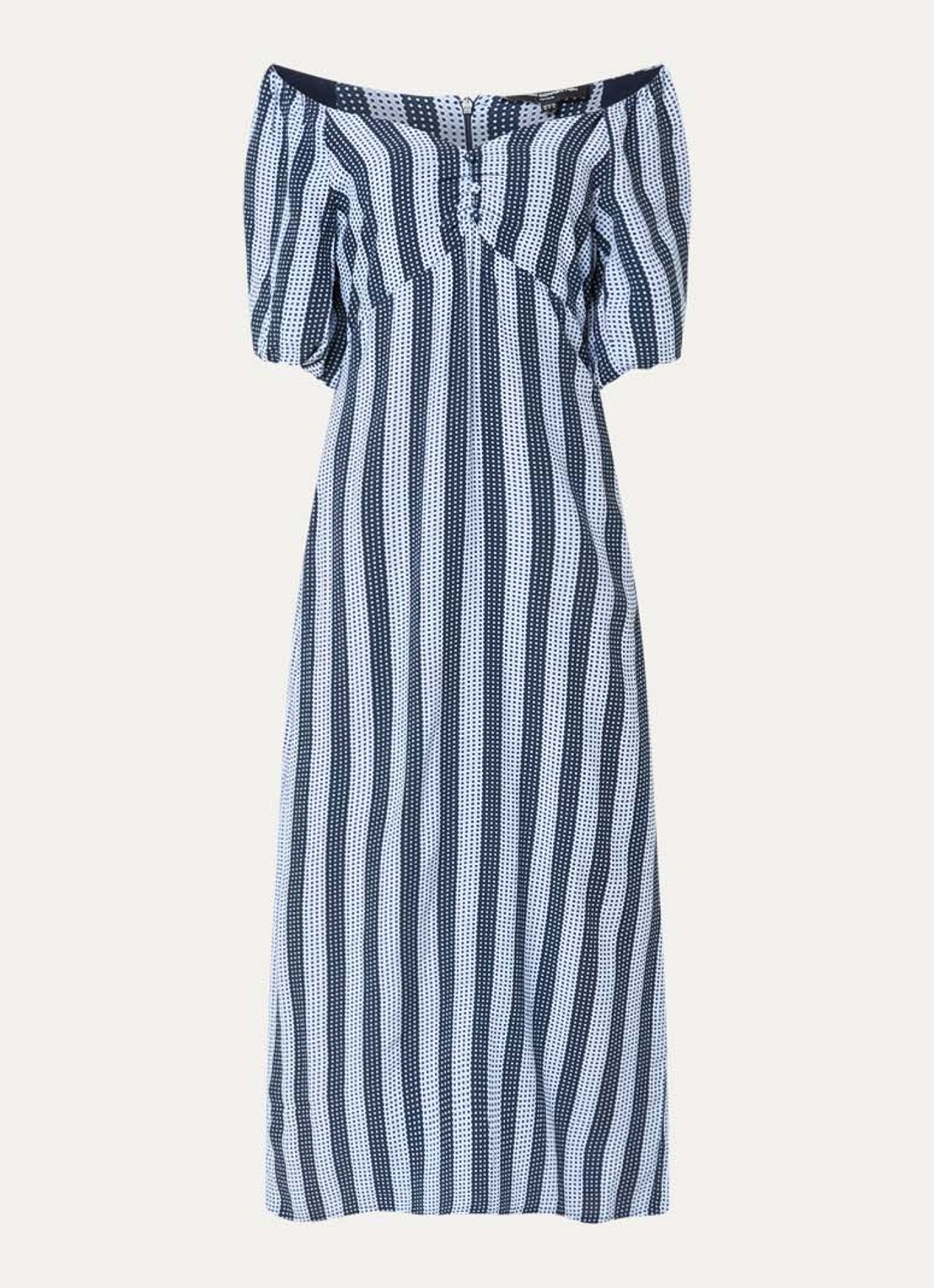 French Connection Lizzie off-shoulder midi jurk met streepprint - voorkant 3 kobaltblauw