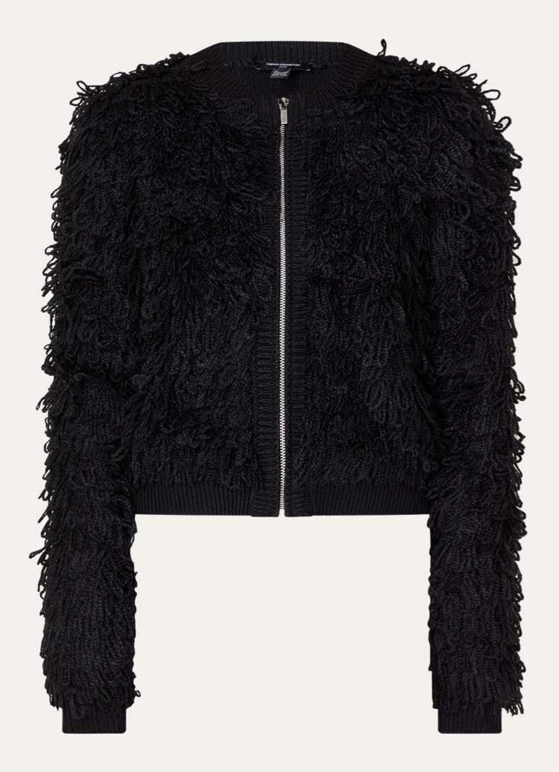 French Connection Mali grofgebreid vest met franjes - voorkant 3 zwart