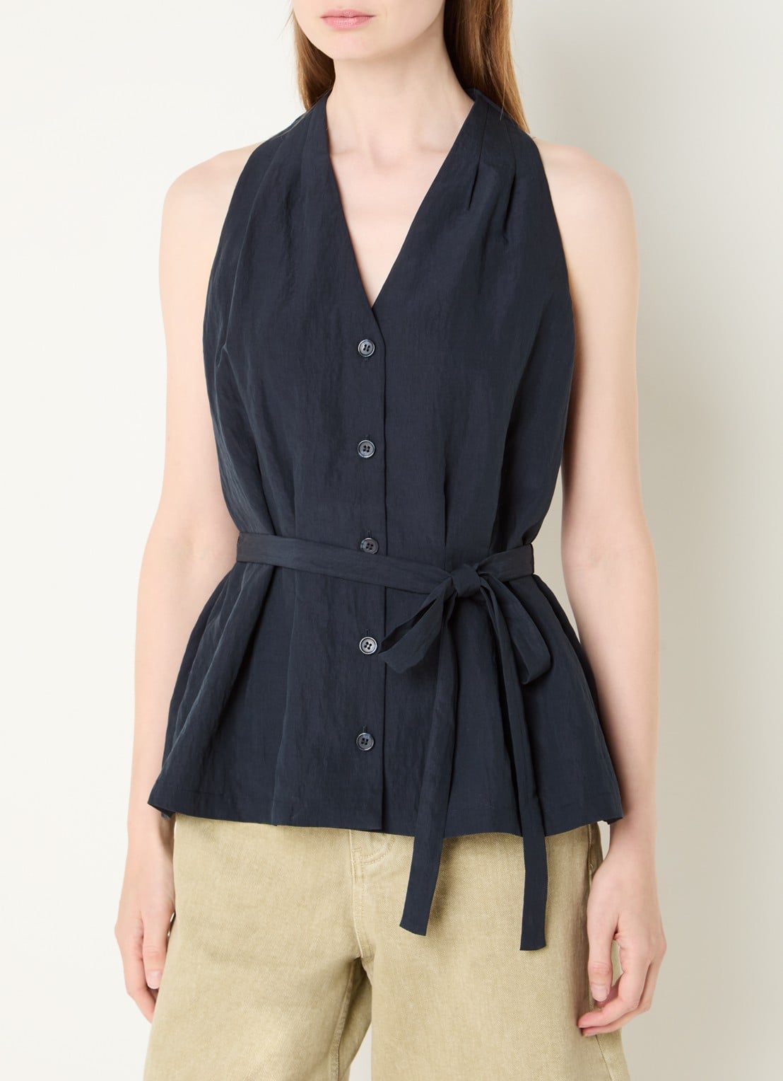French Connection Melina gilet met strikceintuur - detail donkerblauw