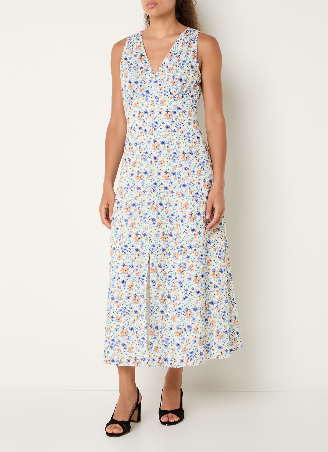 French Connection Minnie midi jurk met bloemenprint en split - detail lichtblauw