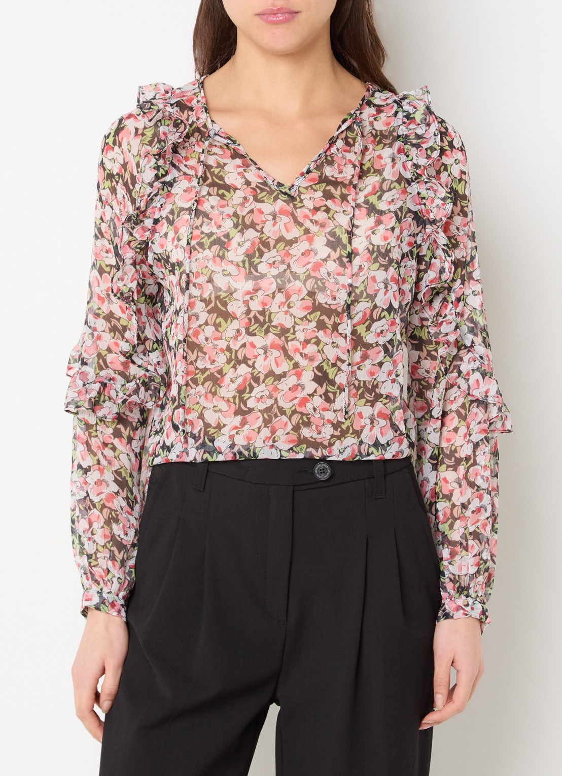 French Connection Molly tuniek met bloemenprint en ruches - detail rood