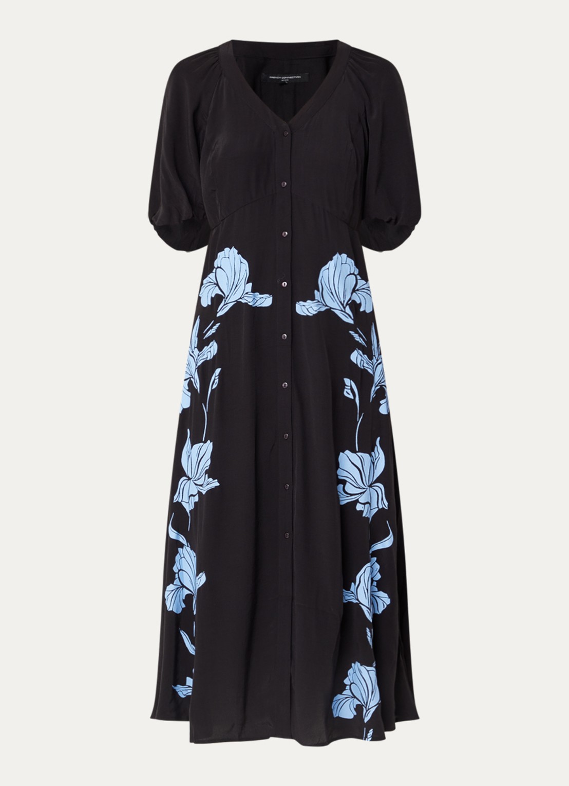 French Connection Nicola Lizzy midi blousejurk met bloemenprint - voorkant 3 zwart