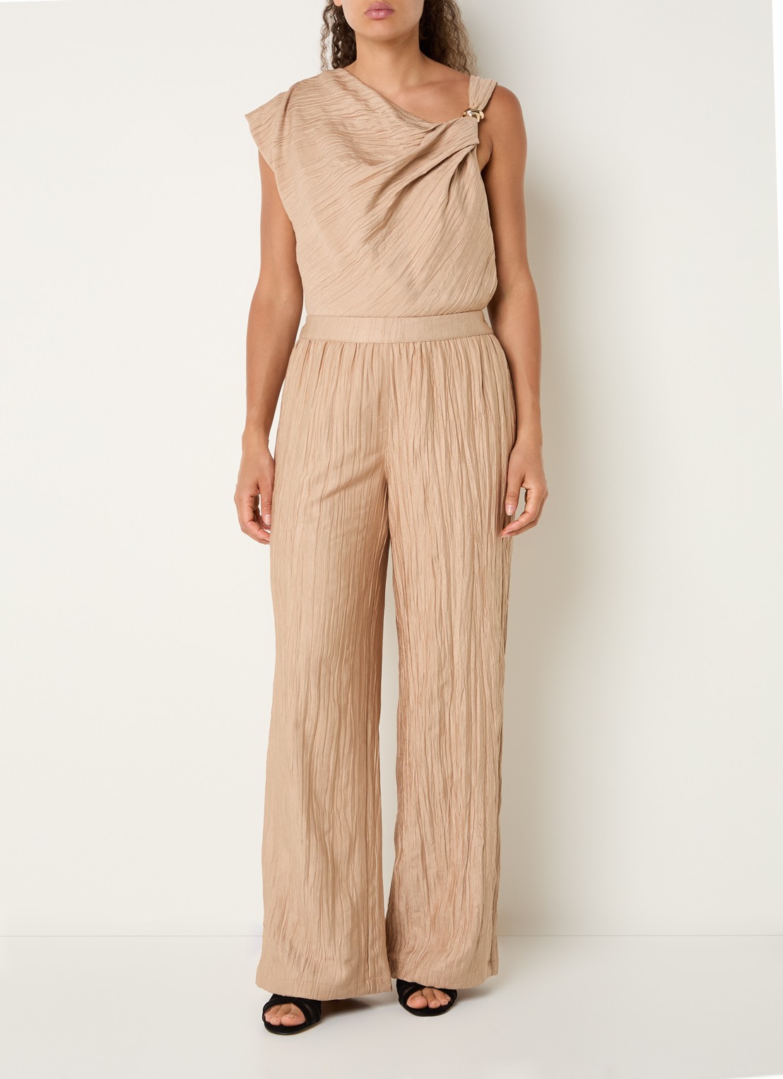 French Connection Novie high waist wide fit broek met steekzakken - voorkant 2 donkerbeige