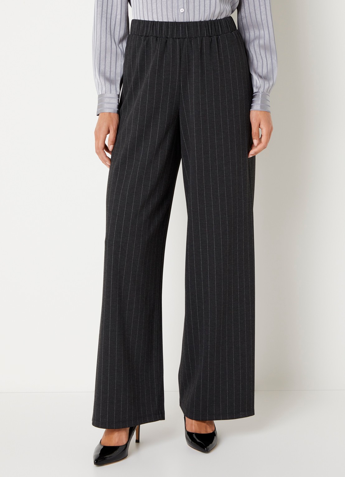French Connection Sarai high waist straight fit pantalon met krijtstreep - detail antraciet