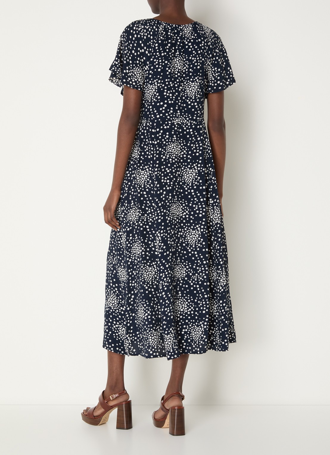 French Connection Thea Lizzie midi jurk met stippenprint - achterkant 3 donkerblauw
