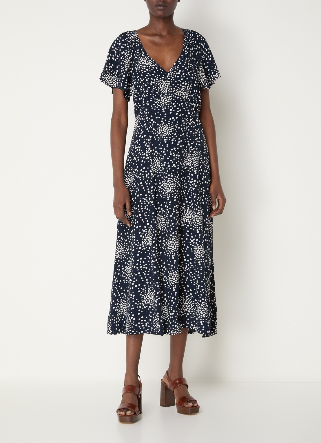 French Connection Thea Lizzie midi jurk met stippenprint - detail 4 donkerblauw
