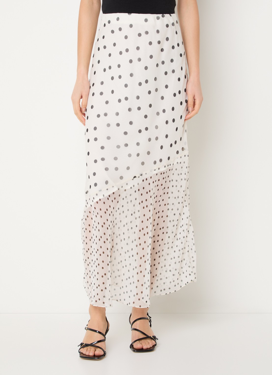 French Connection Valeria asymmetrische midi rok met stippenprint en volant - detail 3 gebroken wit