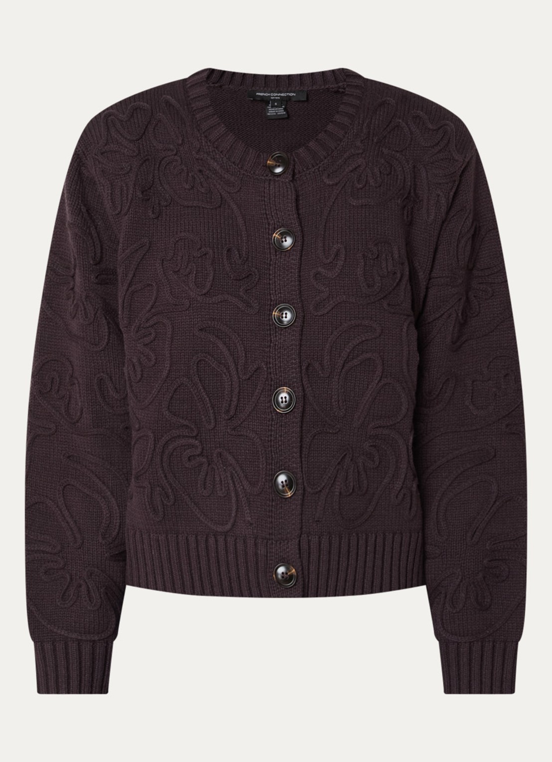 French Connection Varli grofgebreid vest met bloemborduring - voorkant donkerbruin