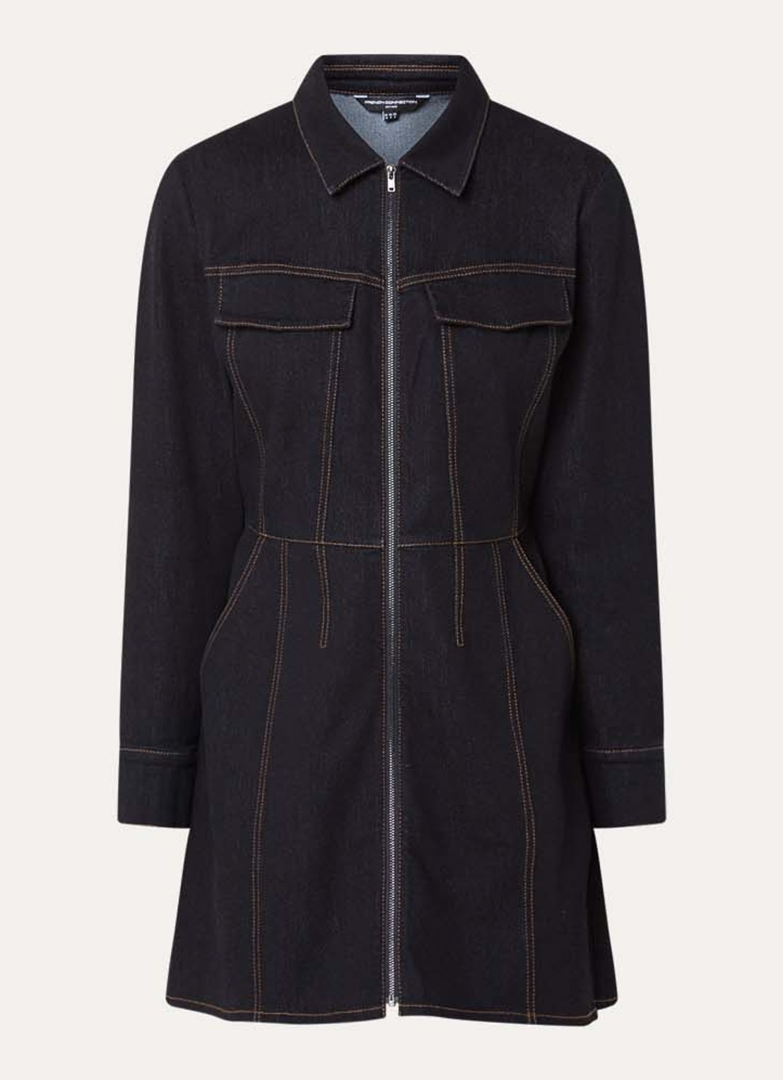 French Connection Yami mini denim jurk met steekzakken - voorkant donkerblauw