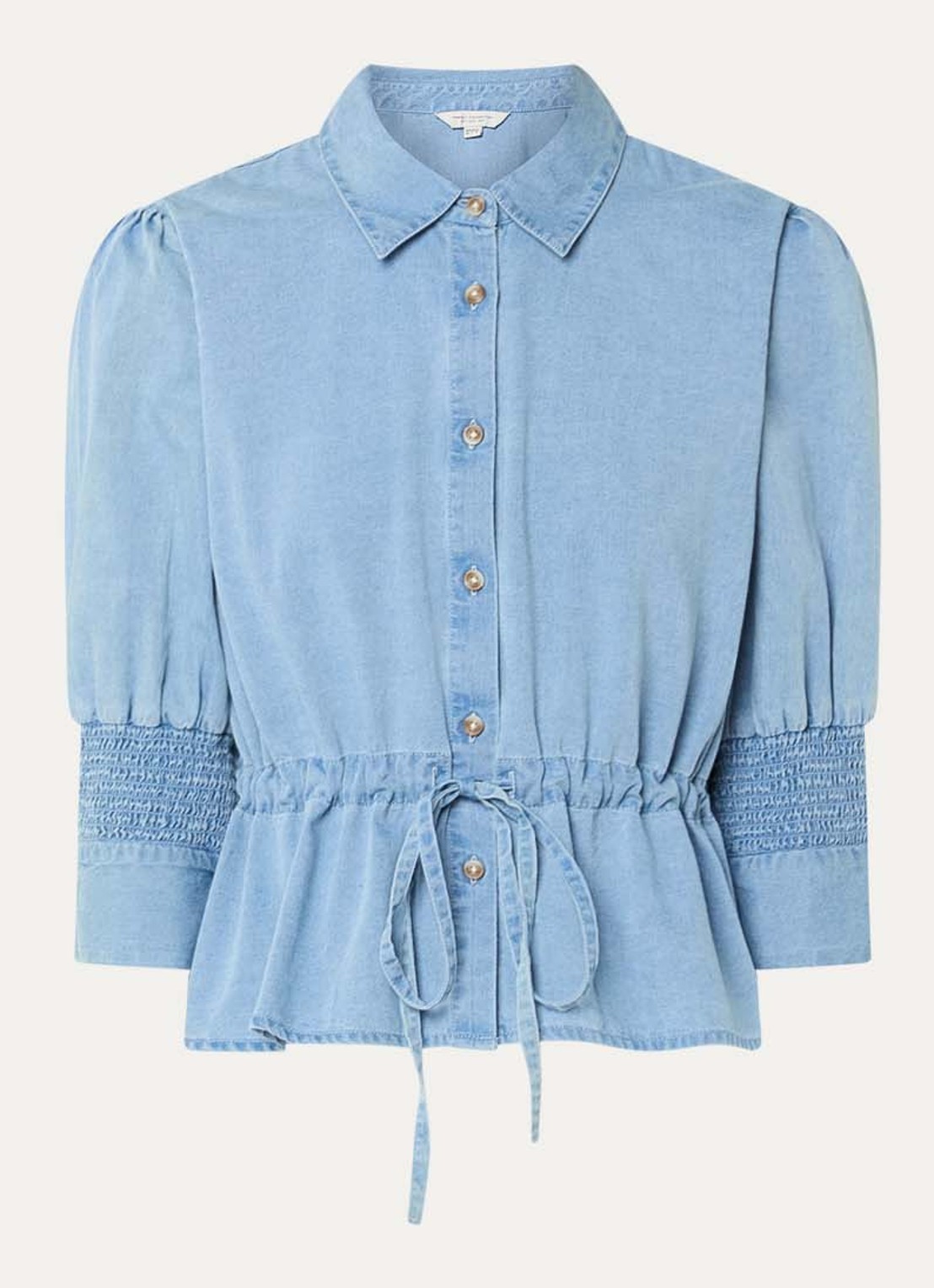 French Connection Zaves blouse van chambray met strikceintuur - voorkant lichtblauw