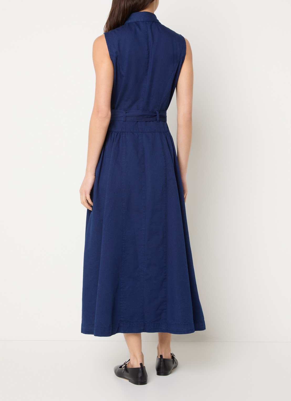 French Connection Zaves midi  blousejurk van chambray met strikceintuur - achterkant 4 donkerblauw