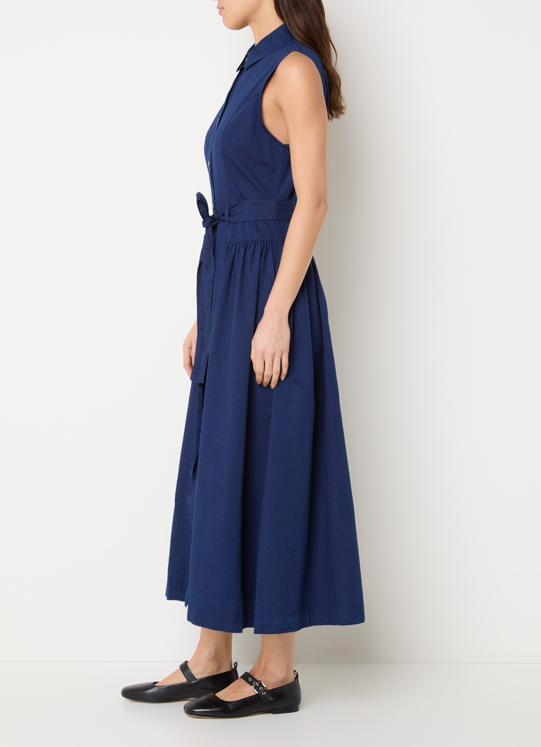 French Connection Zaves midi  blousejurk van chambray met strikceintuur - voorkant 3 donkerblauw