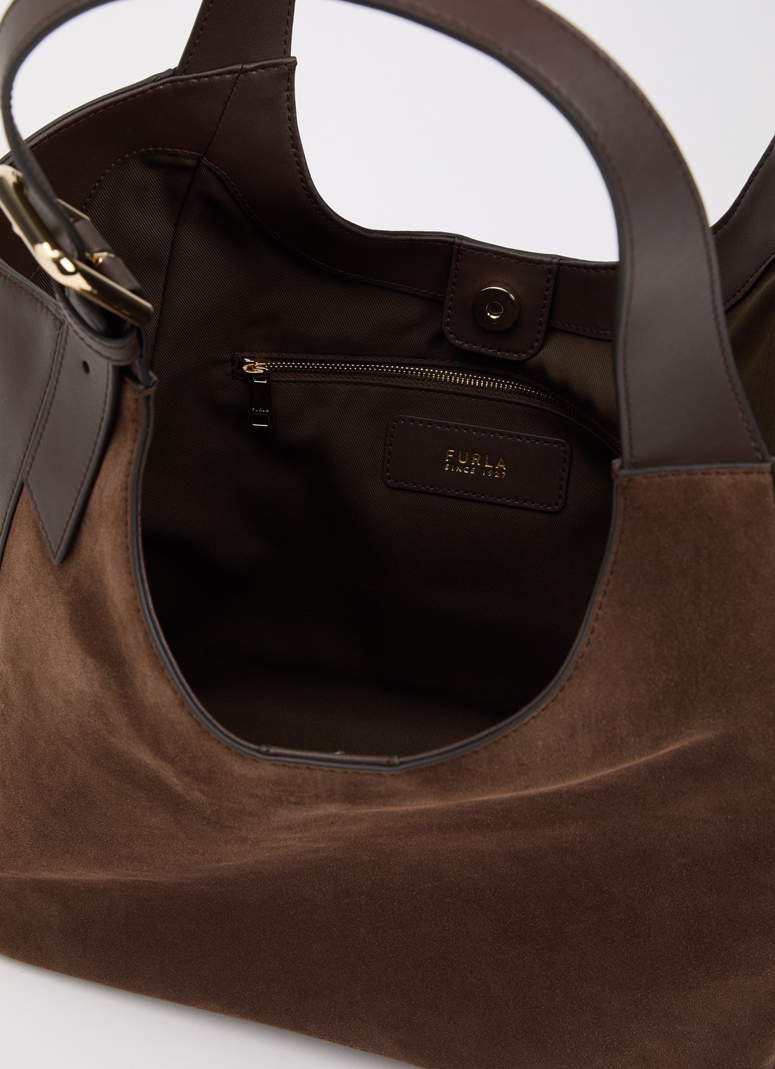 FURLA Dora L schoudertas van suède met kalfsleren details - detail 3 bruin