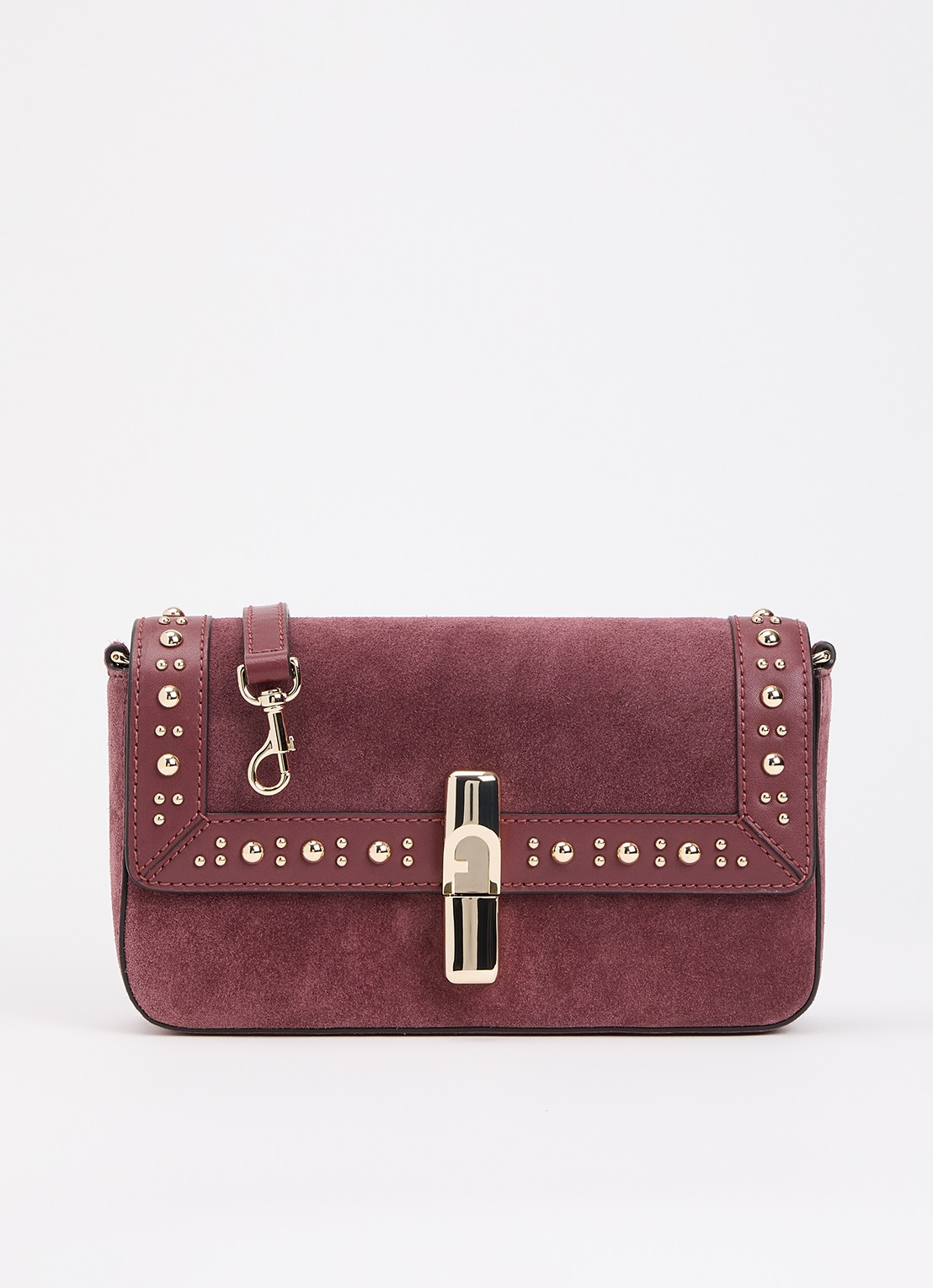 FURLA Iride S crossbodytas van suède met studs en afneembare schouderriem - voorkant 5 cranberryrood