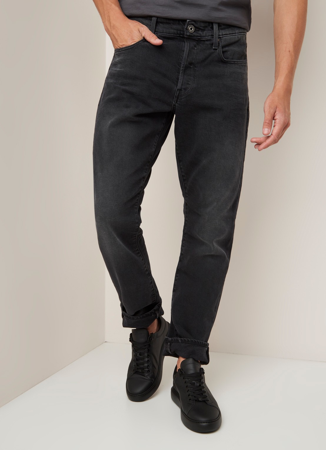 G-Star RAW 3301 Straight fit jeans met stretch - detail 3 donkergrijs