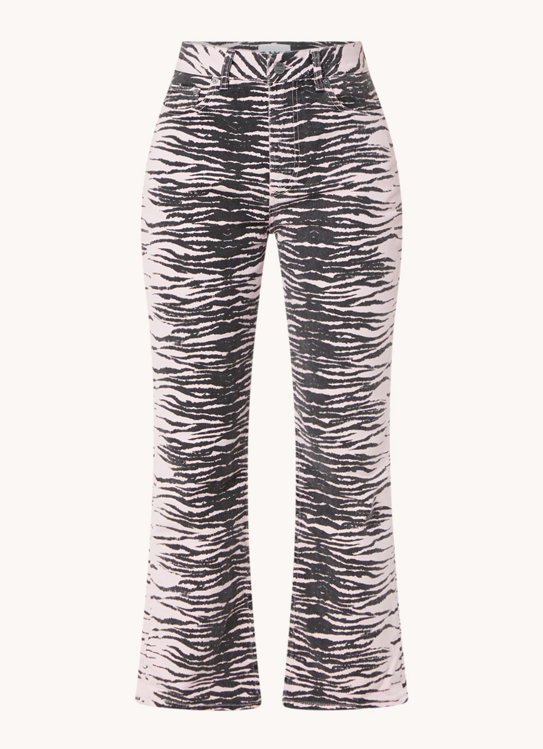 Ganni Betzy high waist bootcut cropped jeans met zebraprint  - voorkant 4 lichtroze