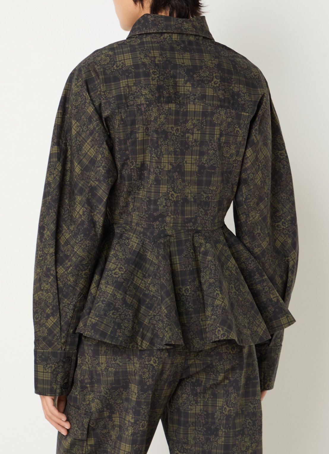 Ganni Blouse met peplum en ruitdessin  - achterkant 2 olijfgroen