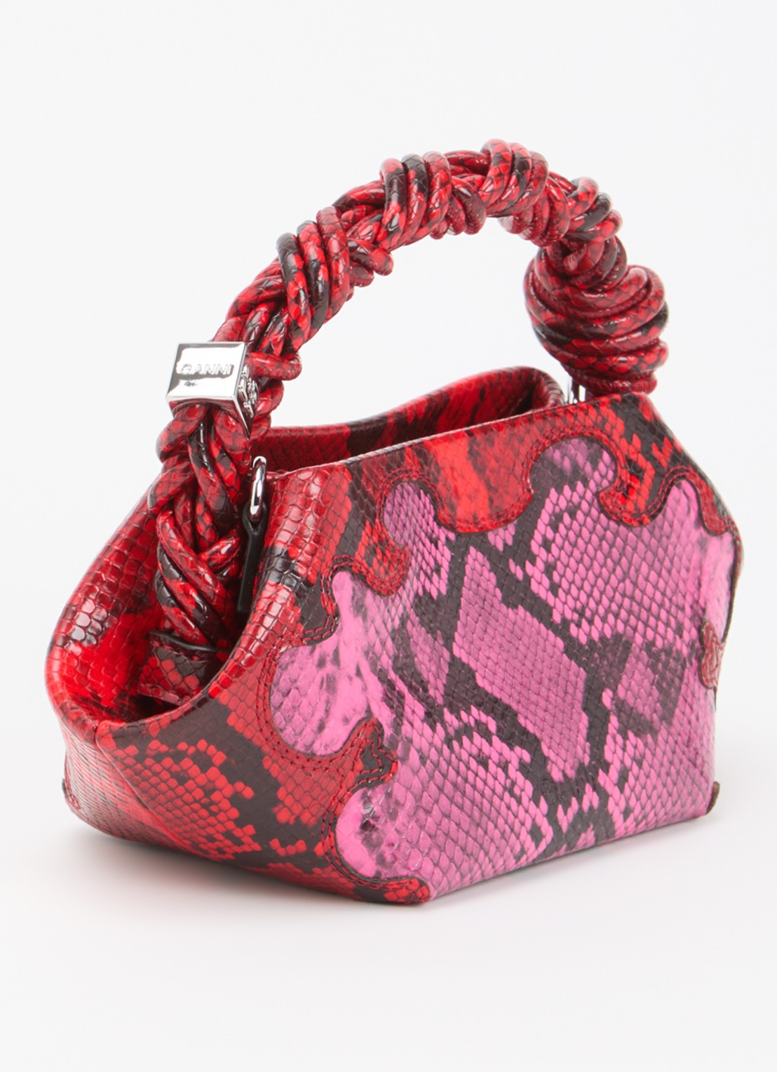 Ganni Bou Mini handtas met slangenprint en afneembare schouderriem - achterkant fuchsia