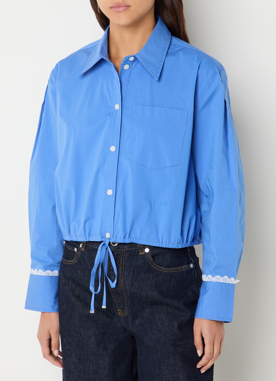 Ganni Cropped blouse met borstzak - detail 4 blauw