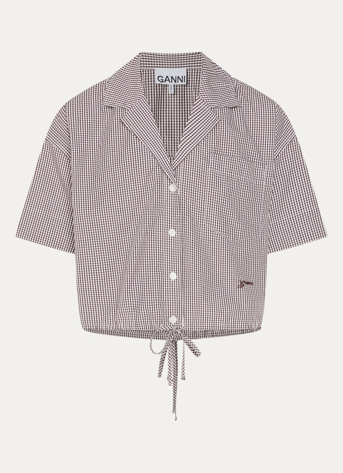 Ganni Cropped blouse met ruitdessin en borstzak - voorkant bruin