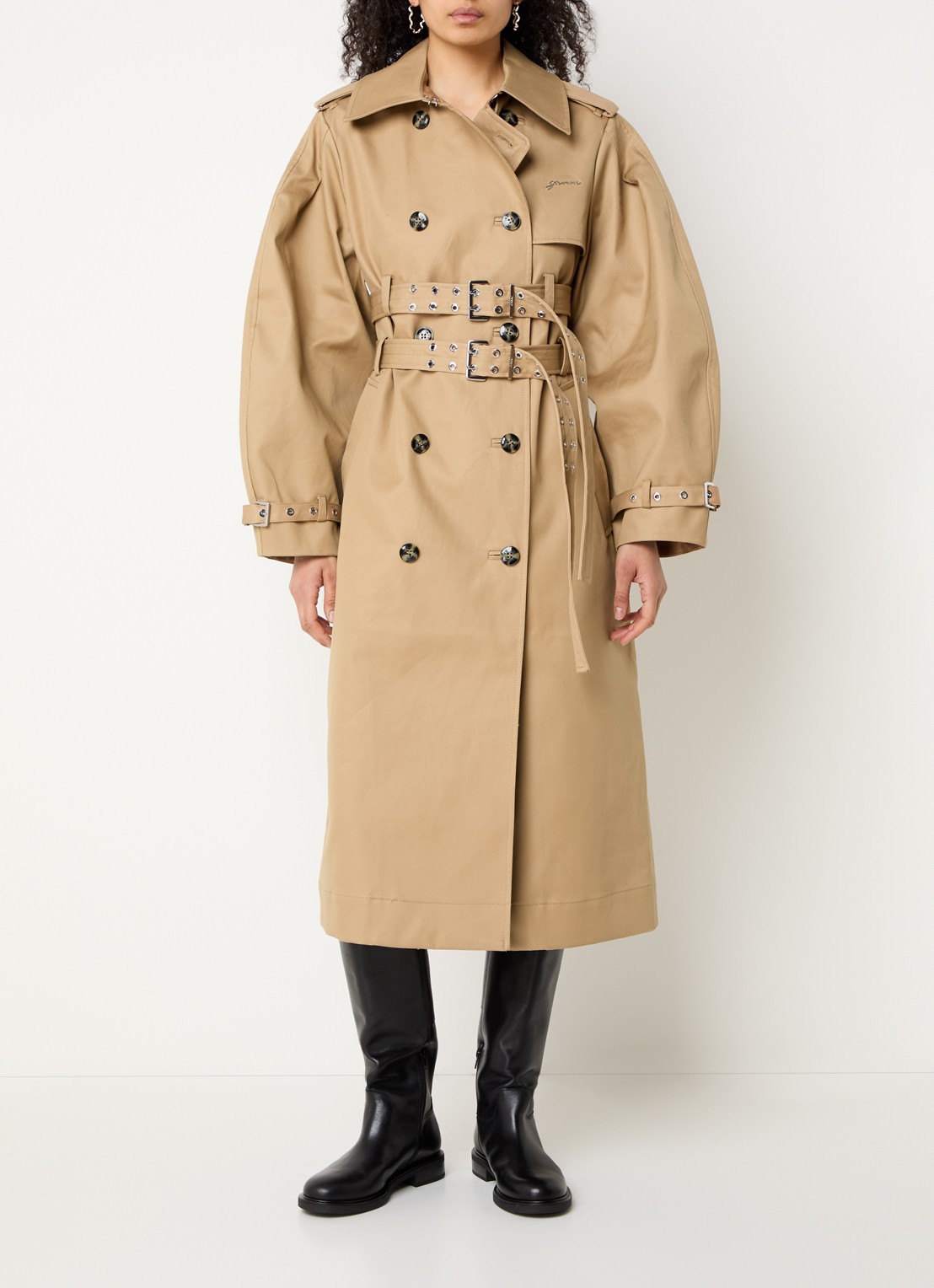 Ganni Double-breasted trenchcoat met steekzakken - detail 2 camel