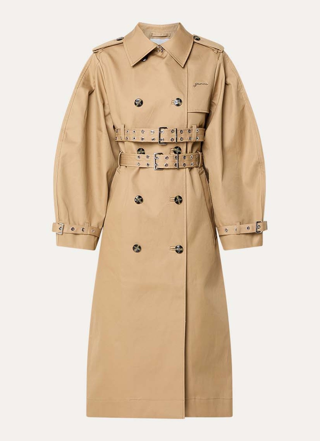 Ganni Double-breasted trenchcoat met steekzakken - voorkant 3 camel