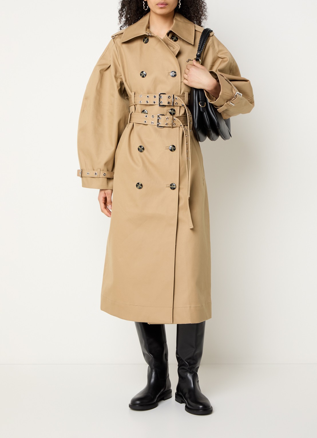 Ganni Double-breasted trenchcoat met steekzakken - voorkant 4 camel