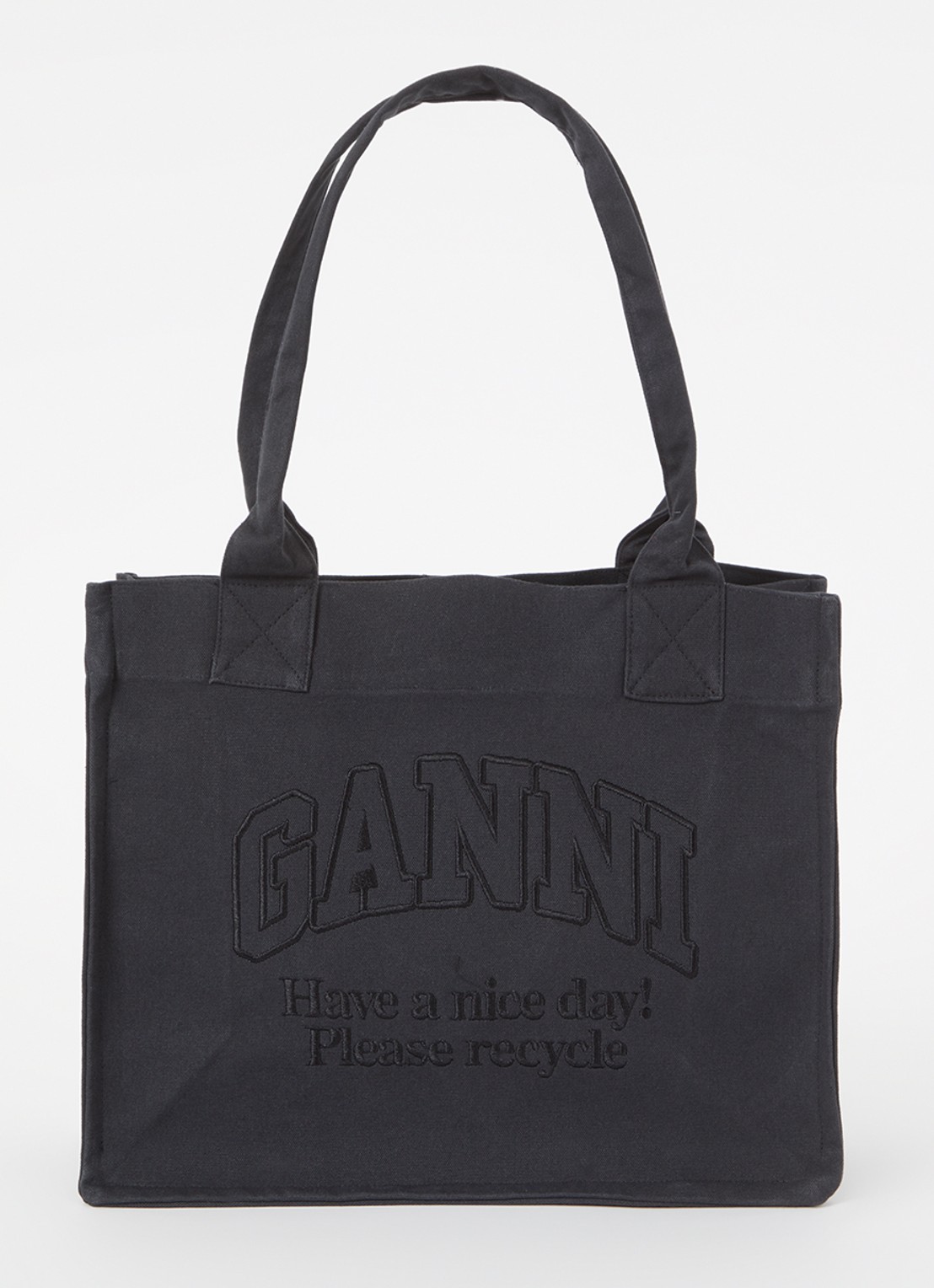 Ganni Easy Large shopper van canvas met logoborduring - voorkant 2 antraciet