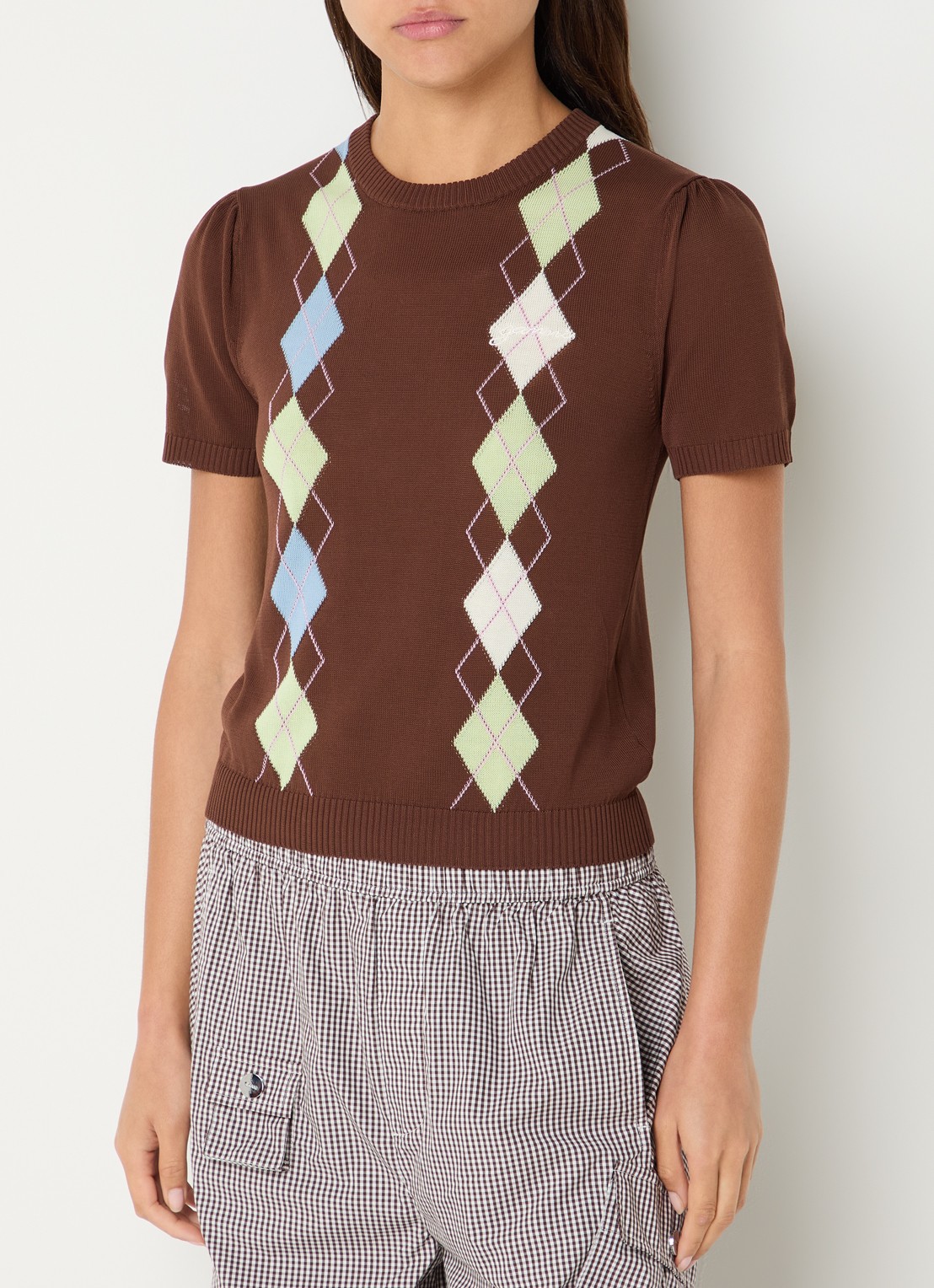 Ganni Fijngebreid T-shirt met ingebreid patroon - detail 4 bruin