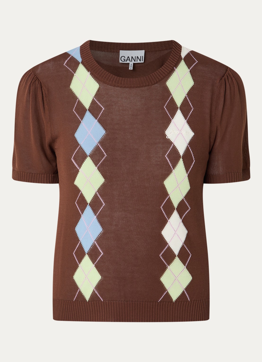 Ganni Fijngebreid T-shirt met ingebreid patroon - voorkant 2 bruin