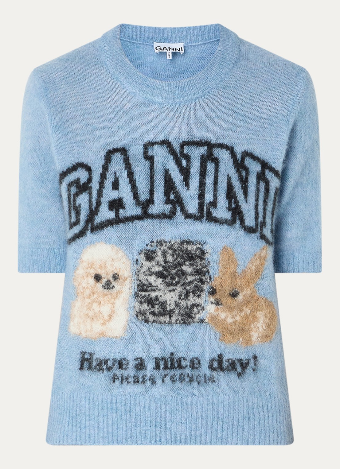 Ganni Fijngebreide trui in alpaca wolblend met ingebreide logoprint - voorkant 3 staalblauw