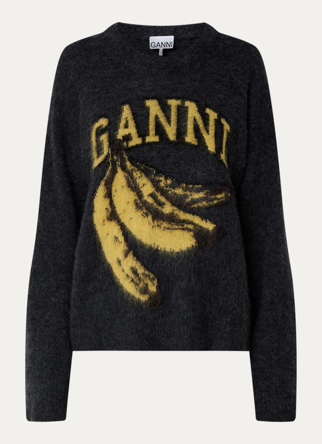 Ganni Fijngebreide trui in scheerwolblend met logoprint - voorkant 3 antraciet