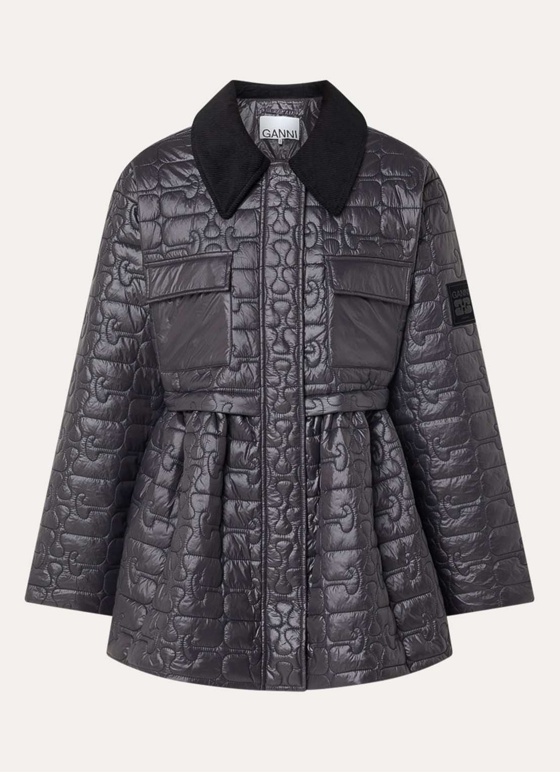 Ganni Gewatteerd jack met quilt patroon en details van corduroy - voorkant antraciet