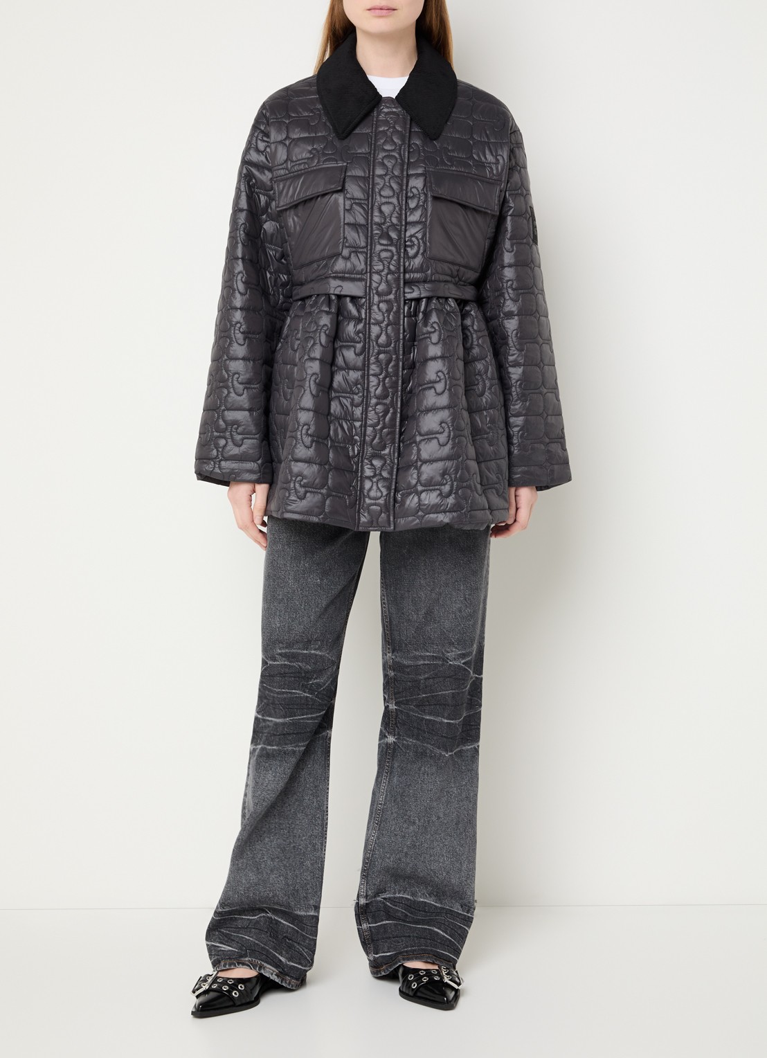 Ganni Gewatteerd jack met quilt patroon en details van corduroy - voorkant 2 antraciet