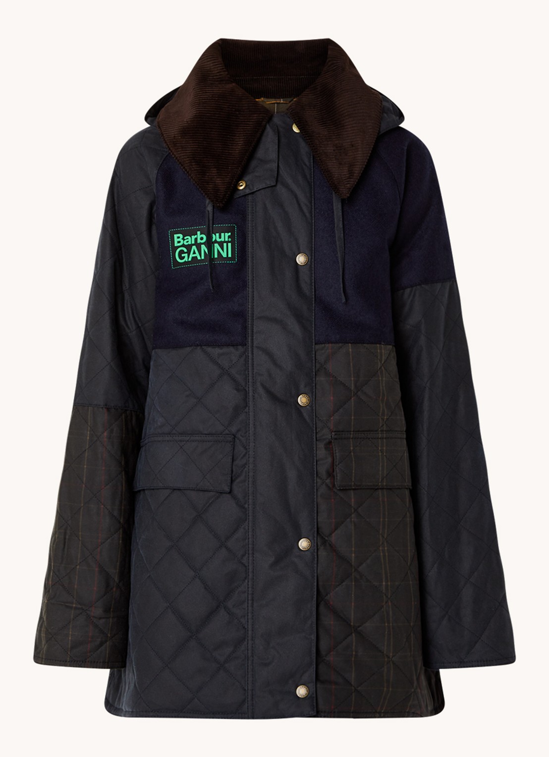 Ganni Gewatteerde jas met inzet van wol en quilt patroon - voorkant 4 donkerblauw