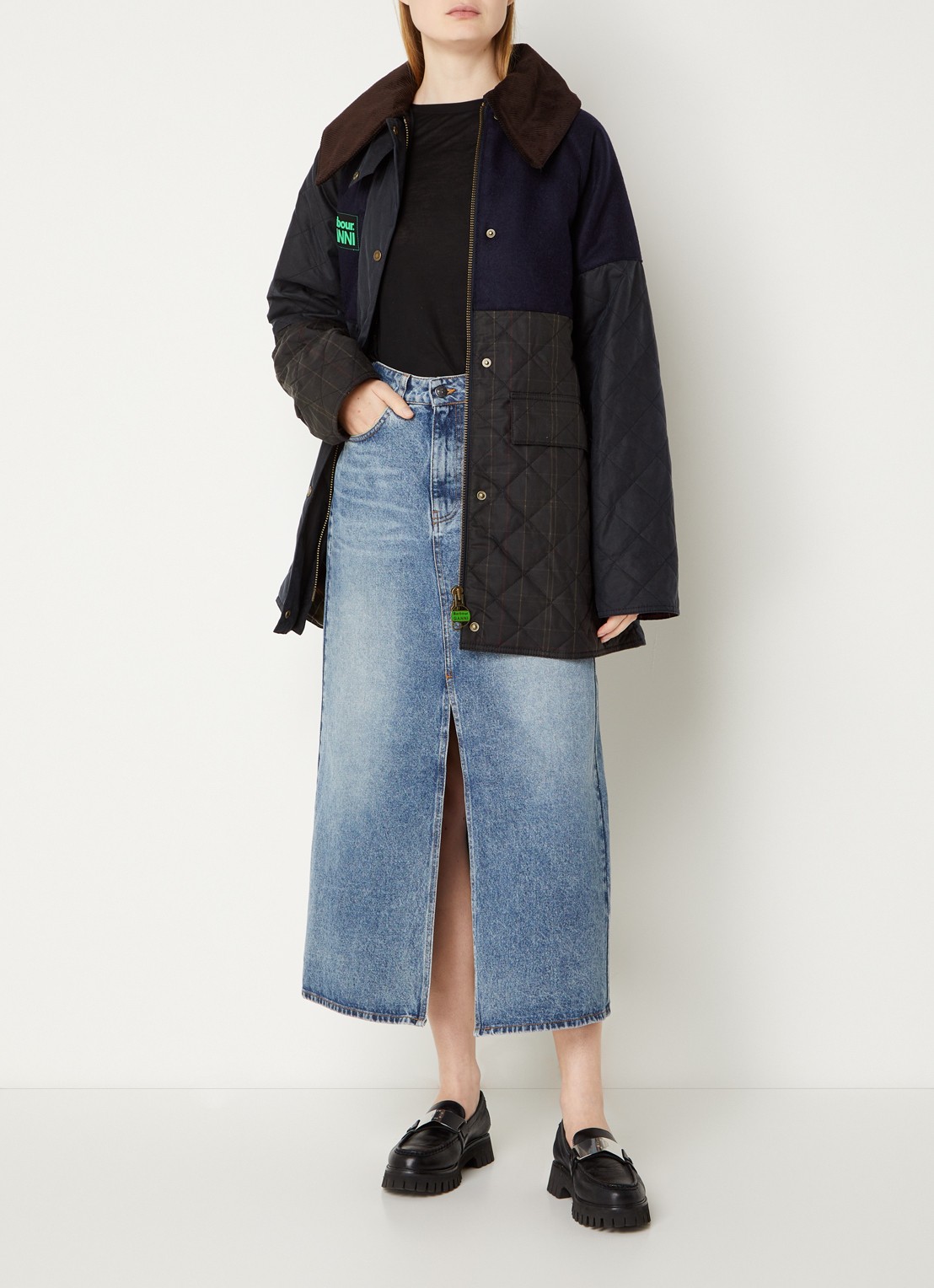 Ganni Gewatteerde jas met inzet van wol en quilt patroon - voorkant 5 donkerblauw