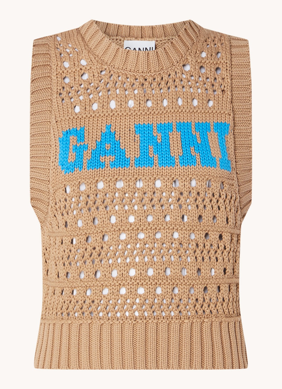 Ganni Grofgebreide spencer in  katoenblend met ingebreid logo - voorkant 2 camel