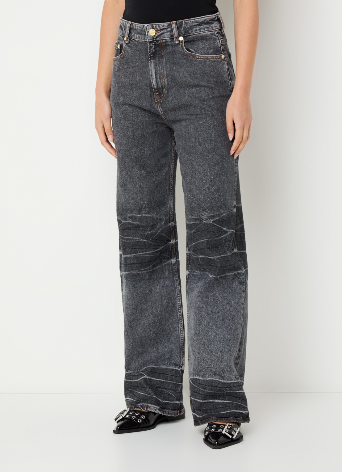 Ganni High waist loose fit jeans in  katoenblend met gekleurde wassing - detail 2 antraciet