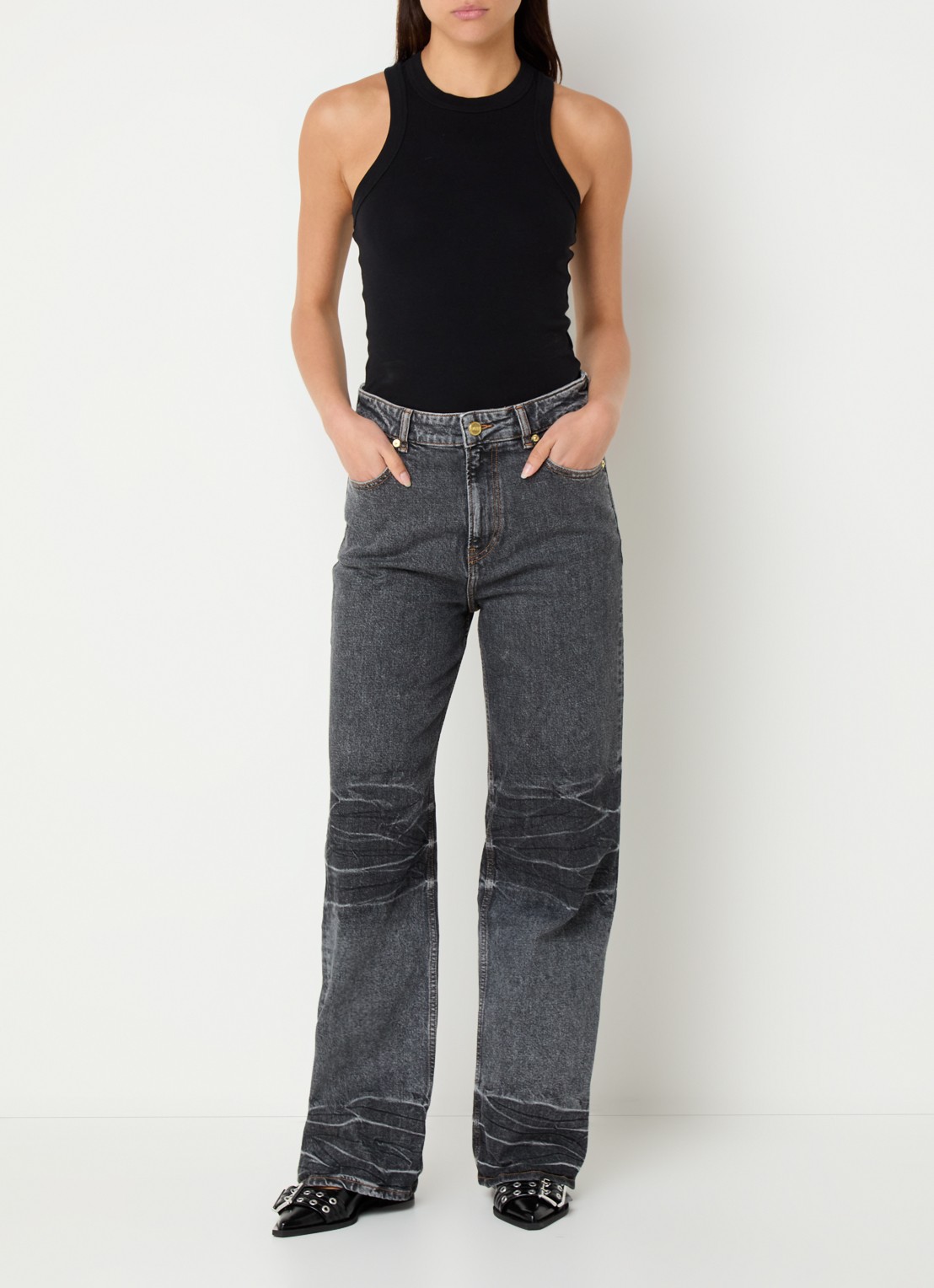 Ganni High waist loose fit jeans in  katoenblend met gekleurde wassing - voorkant 5 antraciet