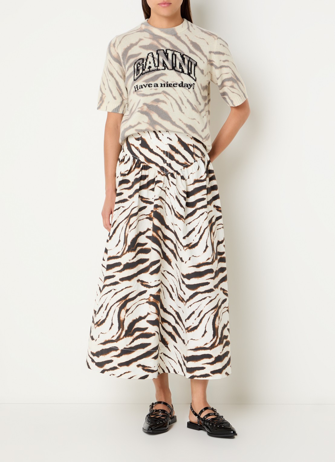 Ganni High waist midi rok met print - voorkant 4 gebroken wit