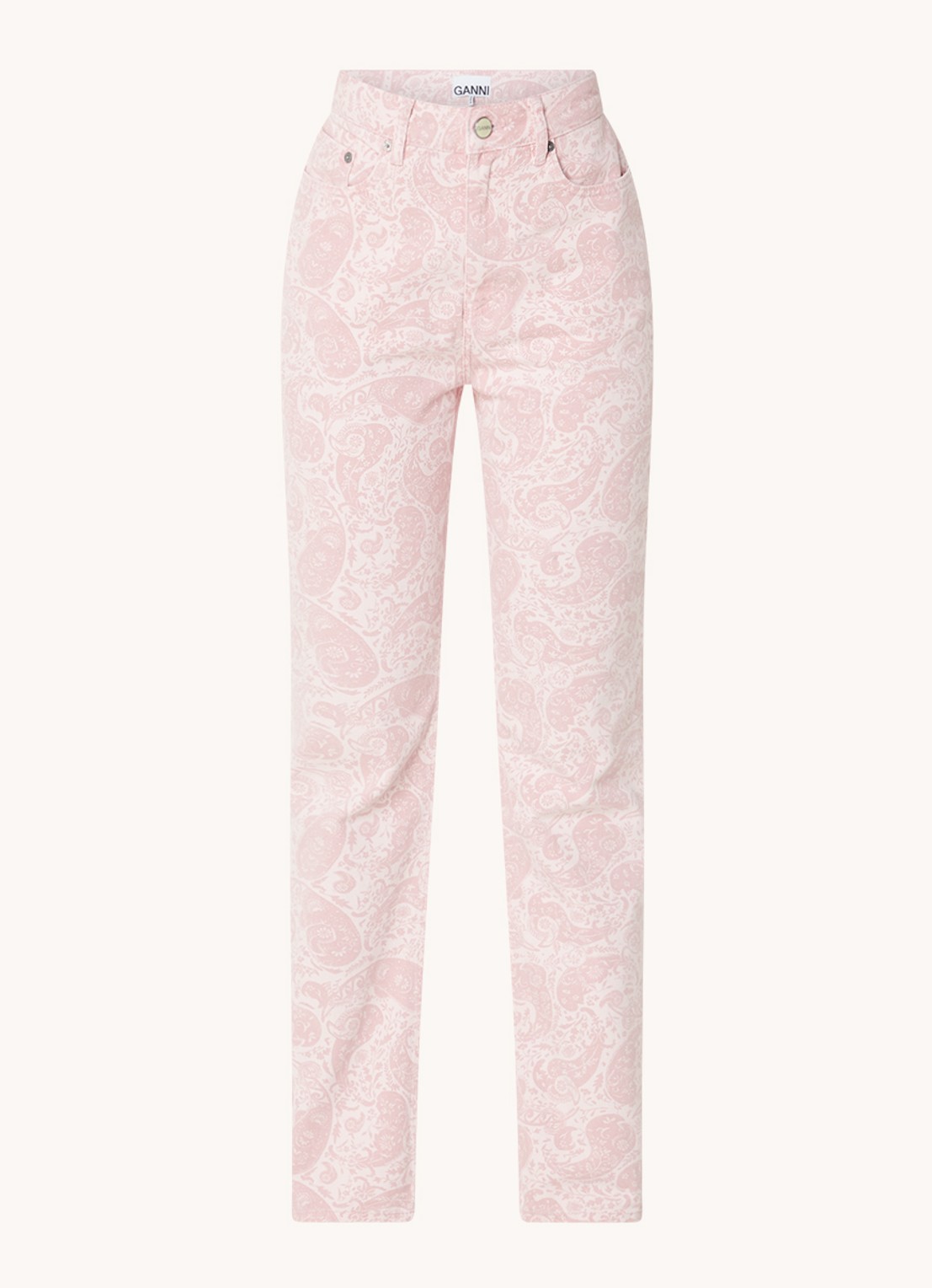 Ganni High waist straight leg jeans met paisley dessin - voorkant 4 lichtroze