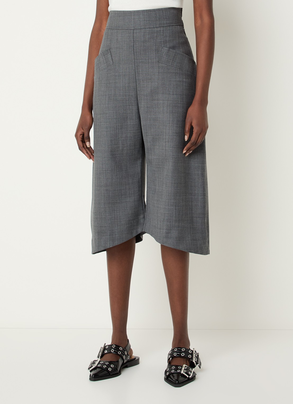 Ganni High waist wide fit korte broek in wolblend - detail 4 donkergrijs